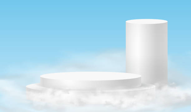 istock Podium sky. Minimalistic background with white podiums in the clouds. 3d realistic pedestals product for product demonstration and sky clouds 1410535720