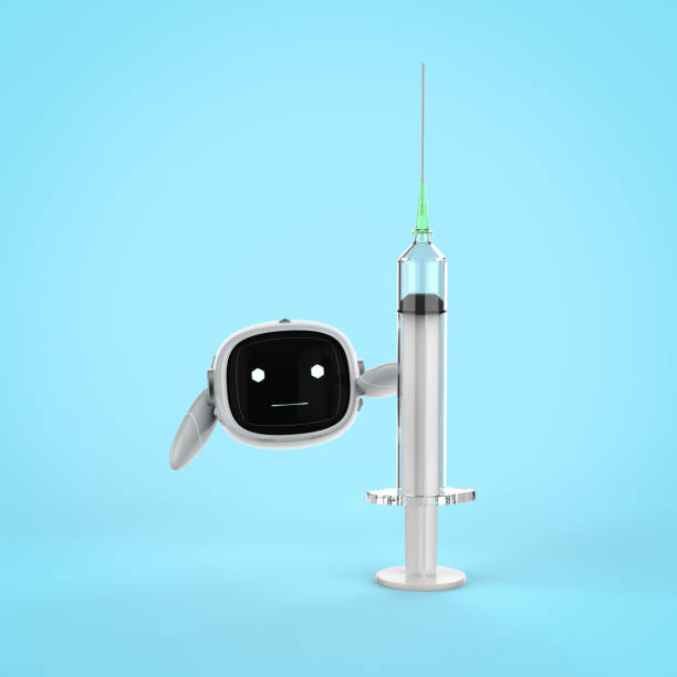istock Medical technology concept with medical assistant robot hand holding syringe 1410535736