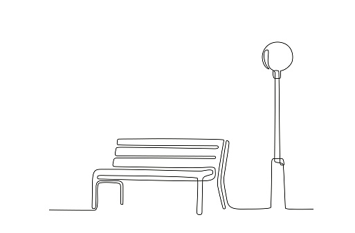 One line drawing of Bench and lantern in park. Continuous line Wooden outdoor furniture for relax. Line art style. Minimalism style drawing. Single line illustration. Handdraw doodle vector