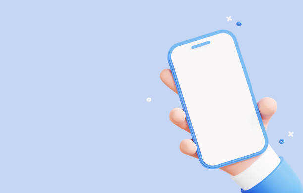 istock 3D Hand holding mobile phone. Smartphone screen mockup. Banner template for promotion and web poster. White blank screen. Cartoon creative design isolated on blue background. 3D Rendering 1410535926