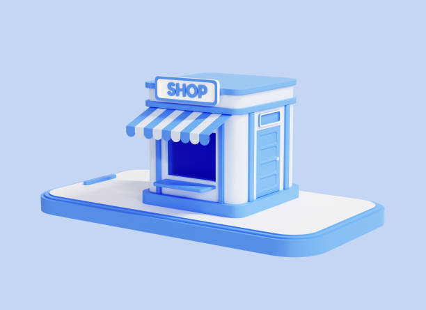 3D Store building on screen Phone. Online shopping concept via smartphone. Business and commerce. Shop rental or sale. Creative minimal design isolated on blue background. Cartoon icon. 3D Rendering construcción de la tienda 3d en la pantalla del teléfono. concepto de compra online a través de smartphone. negocios y comercio. tienda de alquiler o venta. diseño minimalista creativo aislado sobre fondo azul. icono de dibujos animados. renderizado 3d
