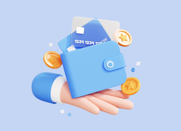 3D Hand holding Wallet with credit card and coins. Business financial investment. Money saving concept. Online payment. Buy and pay. Cartoon design icon isolated on blue background. 3D Rendering stock photo