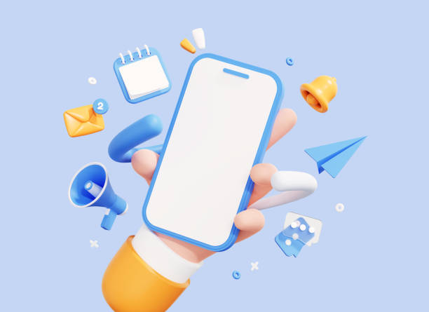 Hand holding Phone with business management app. Online news and work. Business marketing concept. Smartphone with megaphone, bell and message. Cartoon icon isolated on blue background. 3D Rendering stock photo