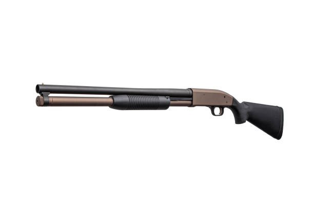 istock Pump-action 12 gauge shotgun isolated on a white background. A smooth-bore weapon with a plastic stock. 1410535949