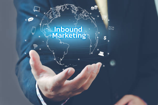 istock Man hand virtual world icon. Inbound marketing virtual screen. Business concept. 1410536578