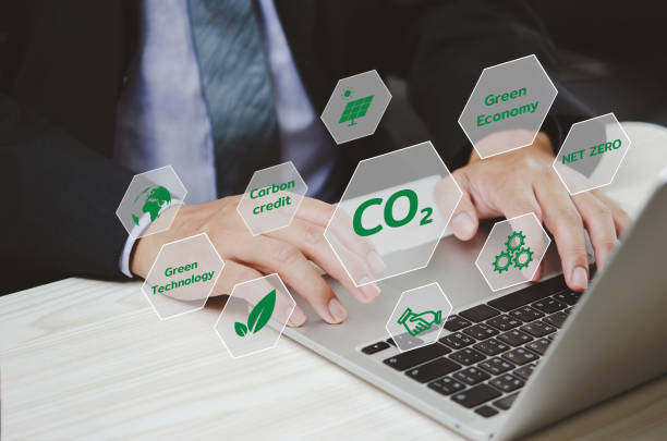 istock Organizations or companies develop carbon credit business virtual screen. Reduce CO2 emissions. Sustainable business development concept. 1410536589