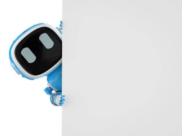 cute and small artificial intelligence assistant robot with empty note stock photo