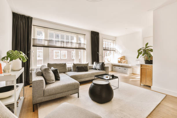 Modern Scadinavian Home Living Room. Luxurious Stylish Modern Apartment. Open Interior, TV Screen Table Chairs. Frame on the Wall, Couch, Sofa, Coffee Table Scandinavian Design, Kitchen, AC Wide Angle