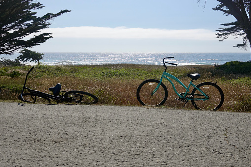 Retro bicycle on bike trail along the coast