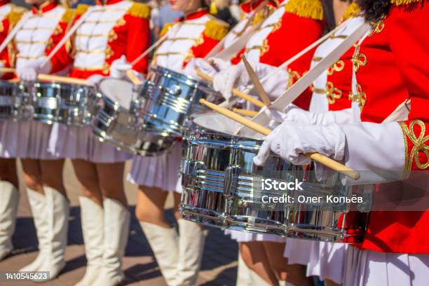 Girls With Drums Gussar Orchestra Lots Of White Drums Stock Photo - Download Image Now