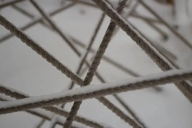 Photo of Tangled ropes. Crossing ropes. Texture of thread in snow. Labyrinth of ropes.