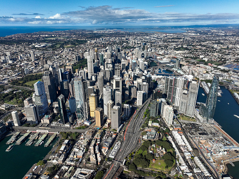 Aerial birds eye views of real estate and infrastructure in Sydney Australia of CBD