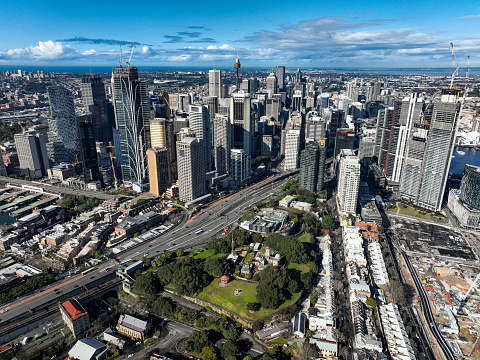Aerial birds eye views of real estate and infrastructure in Sydney Australia of CBD