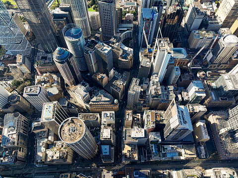 Aerial birds eye views of real estate and infrastructure in Sydney Australia of CBD