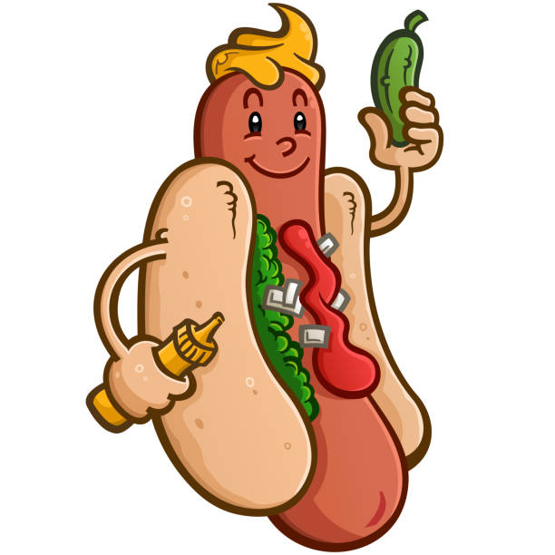 Hot dog with holding mustard and a pickle A stylish hot dog holding a mustard squirter and a delicious dill pickle vector clip art drawing vienna sausage stock illustrations