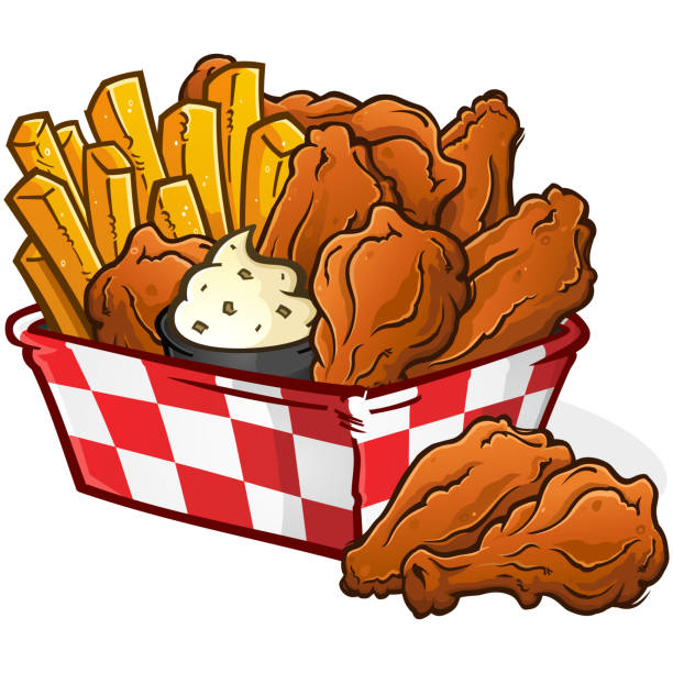 illustrations, cliparts, dessins animés et icônes de panier d’ailes de poulet avec illustration de dessin animé français fries - croustillant