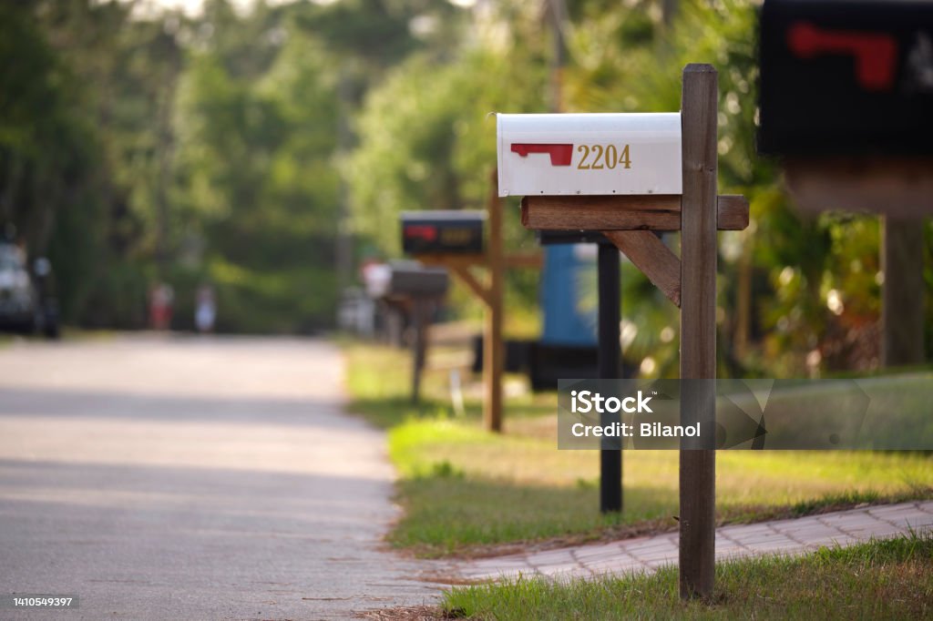 Typical american outdoors mail box on suburban street side Typical american outdoors mail box on suburban street side. Mailbox Stock Photo