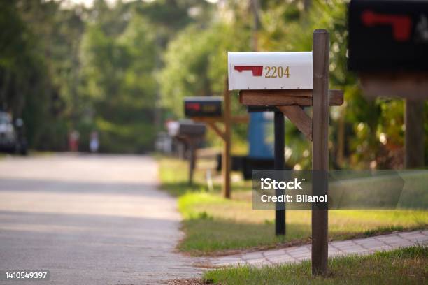 Typical American Outdoors Mail Box On Suburban Street Side Stock Photo - Download Image Now