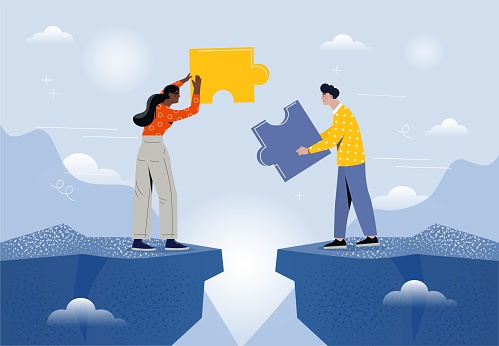 Bridging gap concept. Man and woman assembling bridge over cliff from puzzle pieces. Partnership, colleagues working on same project. Overcoming difficulties. Cartoon flat vector illustration