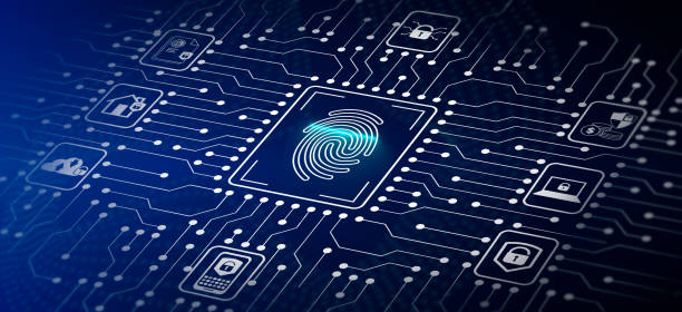 istock Backdrop with icons and an electronic circuit board. Fingerprint identification is used to get access to a secure computer network and digital system. Biometrics technology for cyber security. 1410552450