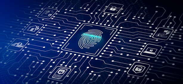 Backdrop with icons and an electronic circuit board. Fingerprint identification is used to get access to a secure computer network and digital system. Biometrics technology for cyber security.