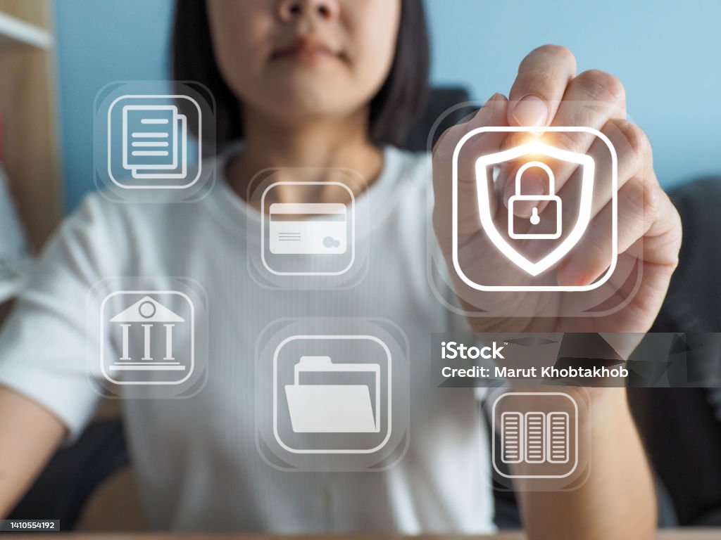 digital connection protection concept cyber security network digital connection protection concept a young woman using a pen to choose a cybersecurity network lock internet technology and network icon privacy protection bright icon Privacy Stock Photo
