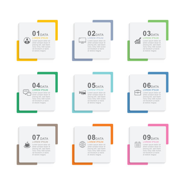 bildbanksillustrationer, clip art samt tecknat material och ikoner med 9 data infographics square index template. vector illustration abstract background. - lista