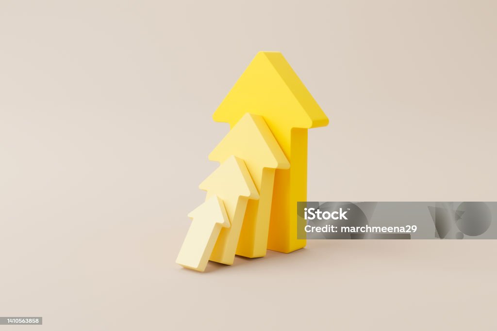 Growing yellow graph bar with arrow sign on background. Business development to success and growing growth concept. 3d rendering illustration Growth Stock Photo