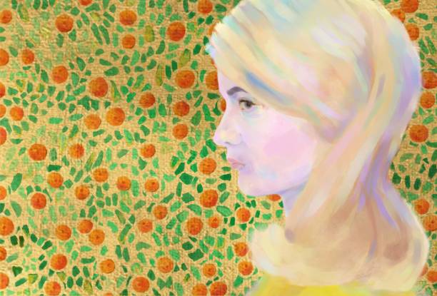 ilustrações de stock, clip art, desenhos animados e ícones de picturesque portrait of a woman in profile in the style of impressionism - orange beauty serious retro revival