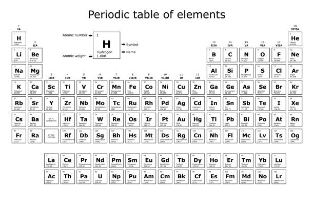 фон периодической таблицы химических элементов с их атомным номером, атомным весом, названием элемента и символом на белом фоне - noble fir stock illustrations