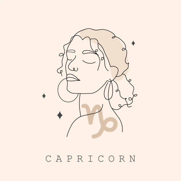 Capricorn zodiac sign. One line drawing. Astrological icon with abstract woman face. Mystery and esoteric outline logo. Horoscope symbol. Linear vector illustration in minimalist style Capricorn zodiac sign. One line drawing. Astrological icon with abstract woman face. Mystery and esoteric outline logo. Horoscope symbol. Linear vector illustration in minimalist style. capricorn stock illustrations