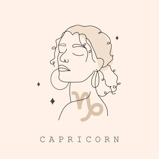 Capricorn zodiac sign. One line drawing. Astrological icon with abstract woman face. Mystery and esoteric outline logo. Horoscope symbol. Linear vector illustration in minimalist style Capricorn zodiac sign. One line drawing. Astrological icon with abstract woman face. Mystery and esoteric outline logo. Horoscope symbol. Linear vector illustration in minimalist style. capricorn zodiac stock illustrations