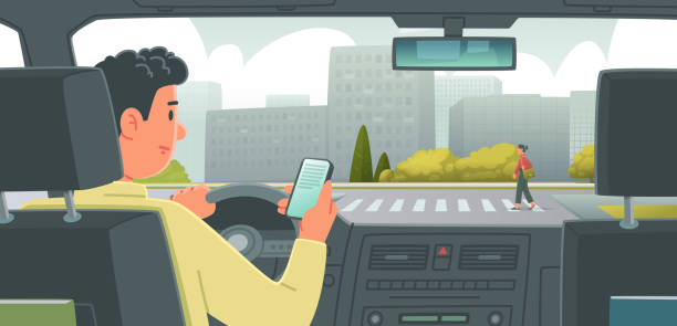 차를 운전하는 남자는 전화에 산만합니다. 교통 사고로 이어지는 도로에서 운전자의 위험한 행동 - crossing people panoramic road stock illustrations
