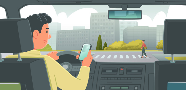 Man driving a car is distracted by the phone. Dangerous behavior of the driver on the road leading to a car accident