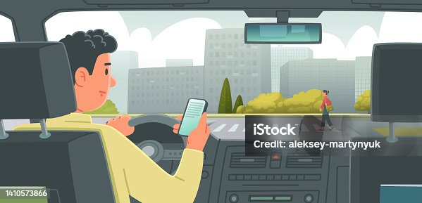 istock Man driving a car is distracted by the phone. Dangerous behavior of the driver on the road leading to a car accident 1410573866