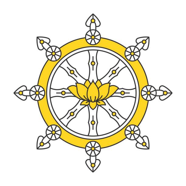 Golden Dharma wheel. Indian religion symbol. Vector illustration Golden Dharma wheel. Indian religion symbol. Vector illustration dharma stock illustrations