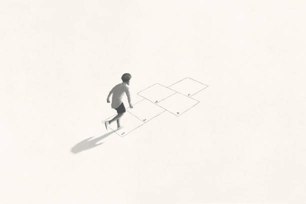 illustration of young boy playing hopscotch, balance concept illustration of black and white young boy playing hopscotch, easy challenge concept easy black and white drawing stock illustrations