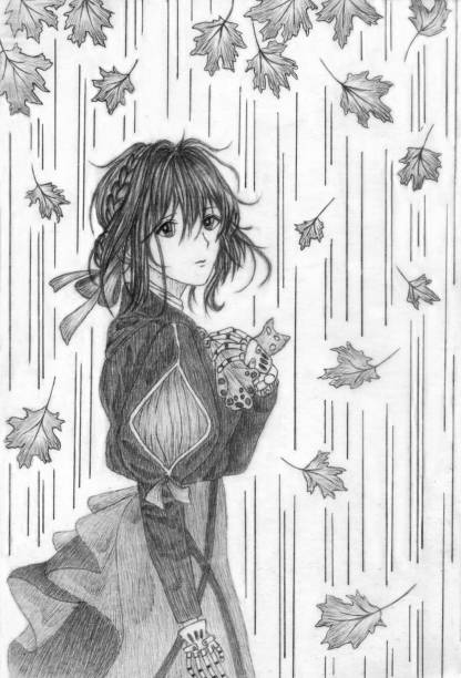 Girl in Autumn Pencil sketch illustration in black and white showing a girl under the fallen leaves black and white anime girl stock illustrations