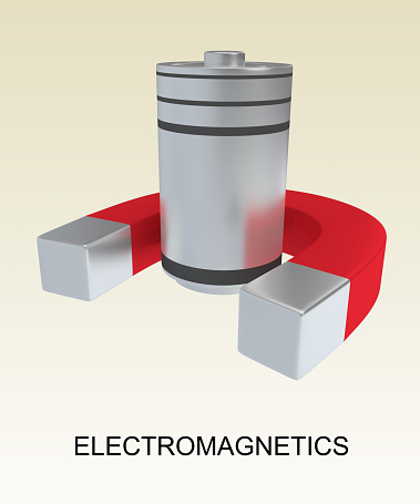 3D illustration of ELECTROMAGNETIC script under a magnet and a battery, isolated over pale brown gradient.
