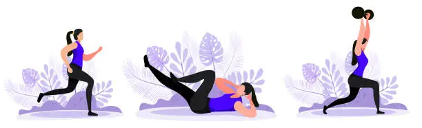 Vector illustration of Woman performing sports activities and doing yoga and gymnastics exercises