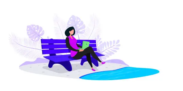 Vector illustration of Web page template with young woman sitting at park. Freelance, work at home, online job and home office concept. Vector illustration in flat style for poster, banner and website development.