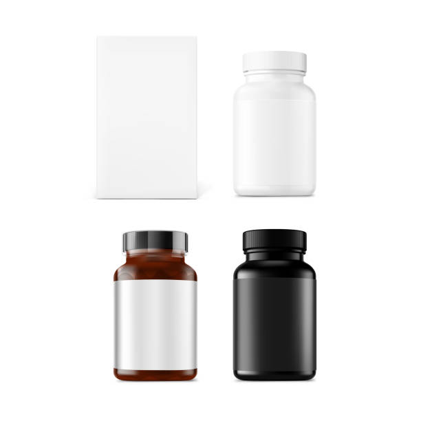 ilustrações de stock, clip art, desenhos animados e ícones de white, black and amber bottles mockup isolated on white background. - capsule vitamin pill white background healthcare and medicine