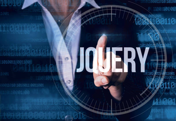 istock Business Woman with finger pressing jQuery button on virtual screens. 1410581089