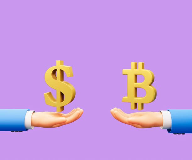 istock 3d cartoon hand Currency exchange bitcoin and Dollar 3d illustration 1410581679