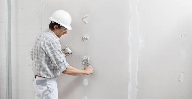 operaio del cartongesso o stuccatore che mette intonaco sulla parete del cartongesso usando una cazzuola e una spatola, riempi i fori delle viti, indossando hardhat bianco e occhiali di sicurezza. - plaster plasterer wall repairing foto e immagini stock