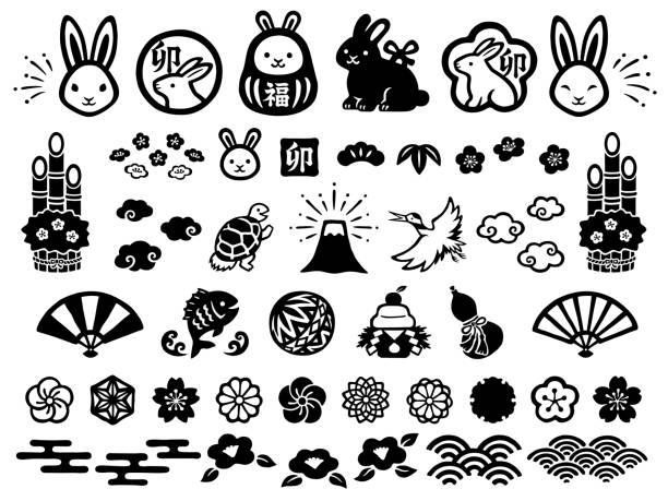 日本のうさぎの年のための手描きスタイルの新年アイコンセット - 門松点のイラスト素材／クリップアート素材／マンガ素材／アイコン素材