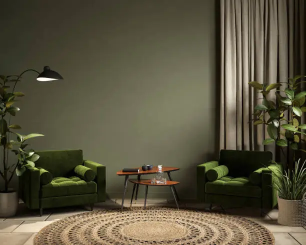 Photo of Green interior with armchairs and decor. 3d render illustration mockup.