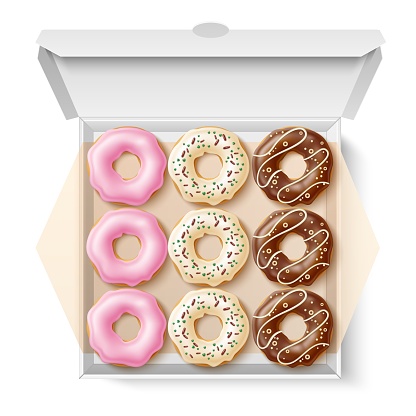 Donuts box. Realistic sweet pastries with different types glazes and sprinkles in cardboard package, caloric fast food. Vanilla, strawberry and chocolate 3d isolated elements, utter vector concept