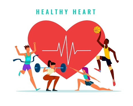 Active lifestyle. Health immunity, protection from diseases, people doing different sport, men and women group, running fitness and basketball, healthy heart vector cartoon flat style isolated concept