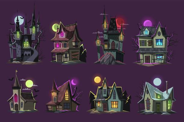 만화 공포 집 세트. 무서운 유령의 건물, 유령 할로윈 소름 끼치는 성, 고딕 양식의 유령 같은 집, 숲의 신비한 달빛, 어두운 신비의 마녀 건축, 깔끔한 벡터 세트 - haunted house stock illustrations
